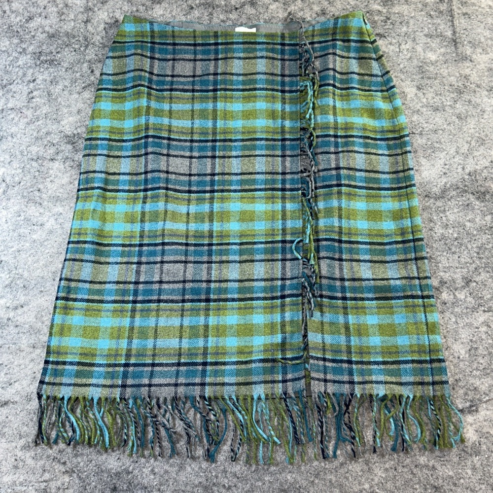 New J. Jill Midi Wrap Skirt Women's 18 Green Plaid Tartan Fringed Wool Blend